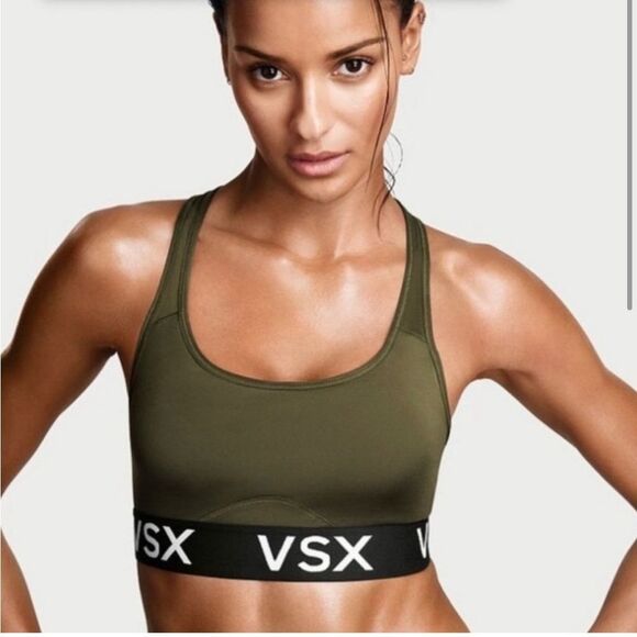 HARDLY WORN! VSX Victoria’s Secret Army Green Sports Bra Racerback Size Large - Picture 1 of 6